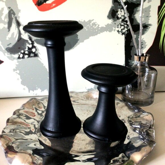 Vintage Jaru Candle Holders Matte Black Pillar Set Of 2 Tall Short Mid-Century - Picture 2 of 12